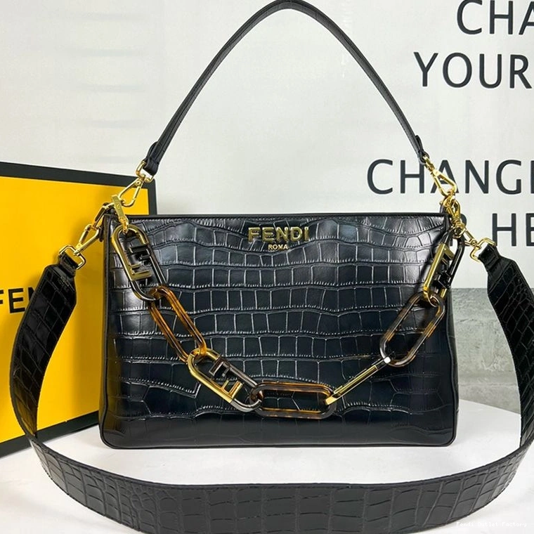 Vintage HOT Zip O'Lock Bag Black Shoulder In Fendi Leather Crocodile 0718